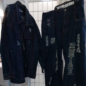 Big And Tall Distressed Denim Jacket and Jeans Set